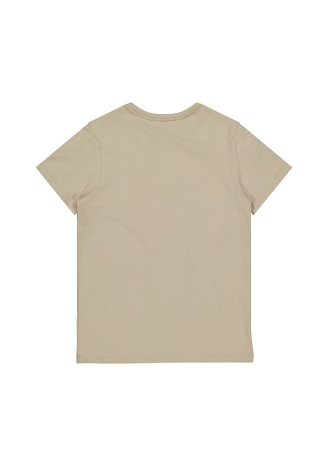 A beige women's short sleeve t-shirt featuring a plain back design. It has a simple structure and includes a branding logo.