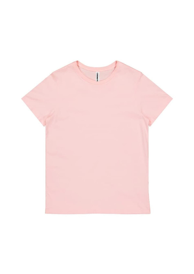 A pink women's short sleeve tee with a basic design and a small brand label inside the collar.