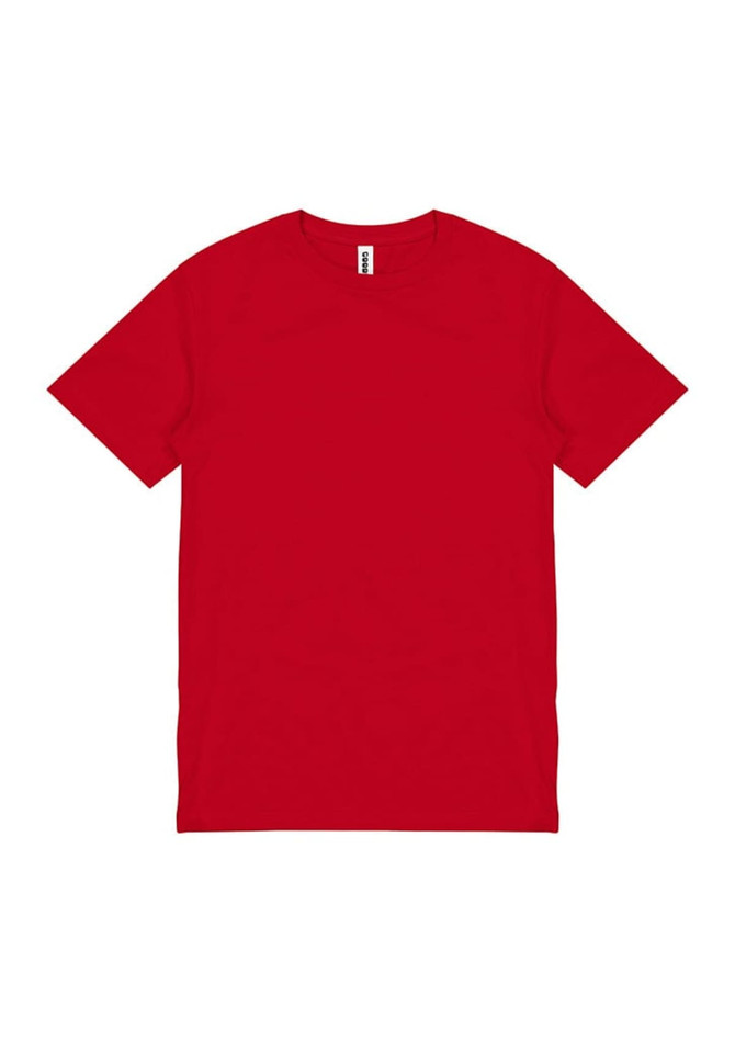 A red short sleeve t-shirt featuring a plain design and a branding label.