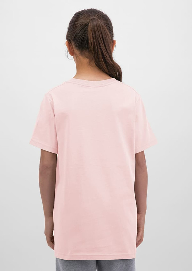 A back view of a pink short sleeve tee. The shirt is plain with no visible logos or designs.