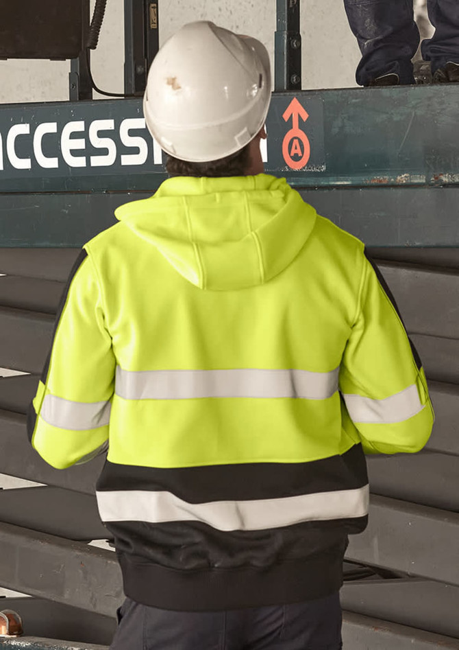 A high visibility full zip hoodie in bright yellow and black, featuring reflective tape and a hood, with a person wearing a hard hat.
