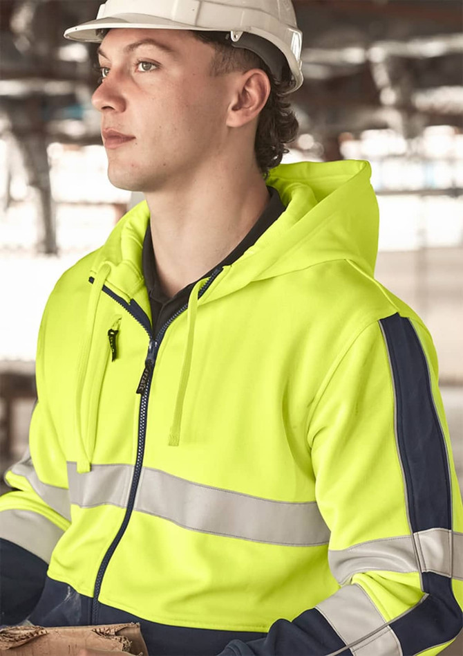 A unisex hi vis full zip stretch taped hoodie in bright yellow with navy accents, featuring reflective stripes and a logo.