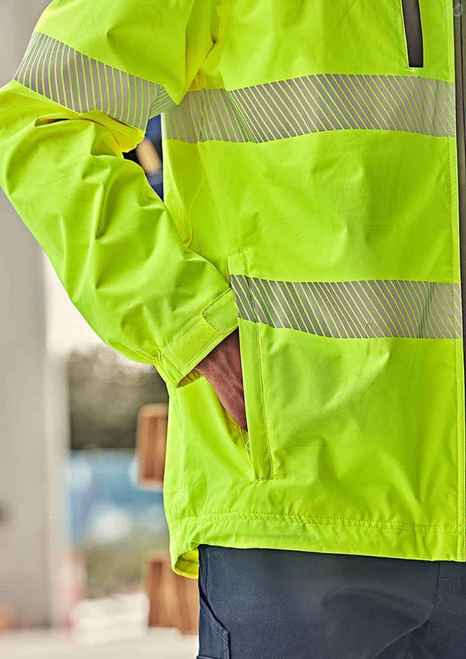 A bright yellow rain jacket with grey reflective stripes, featuring a zip pocket and an adjustable fit.
