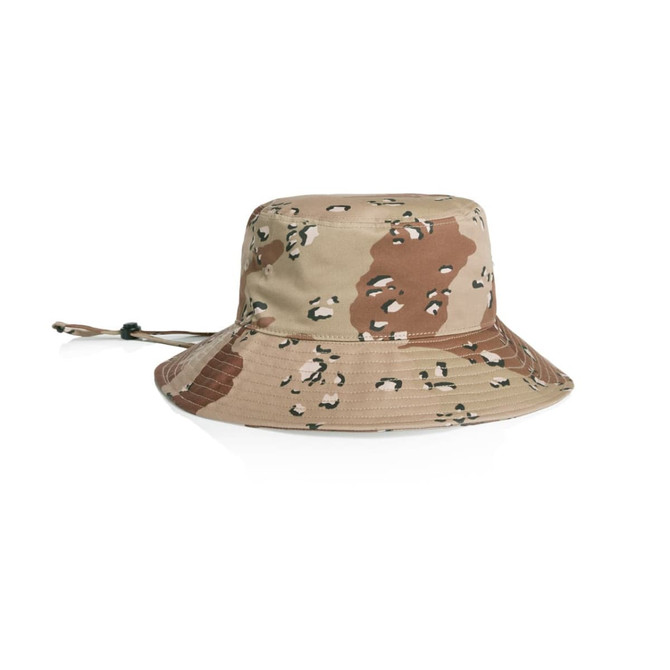 A wide-brimmed bucket hat in a camo pattern featuring shades of beige and brown, with an adjustable strap.