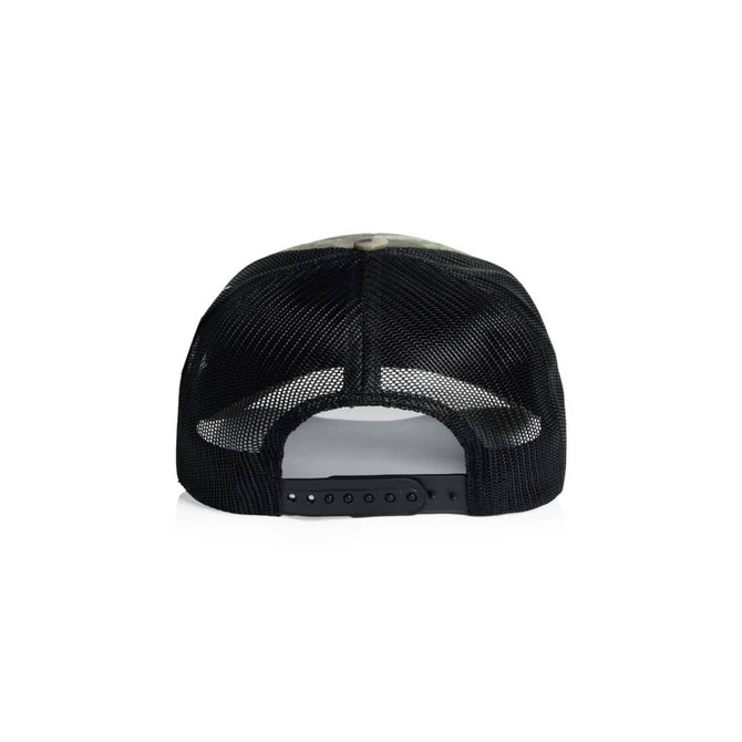 A black mesh cap with a camouflage pattern on the front, featuring an adjustable strap at the back.
