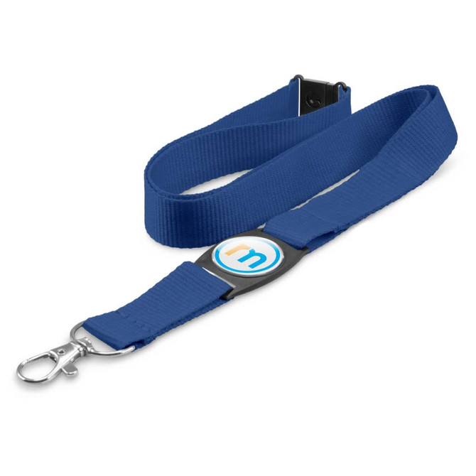 A blue lanyard with a clip and a circular branding logo in the centre.
