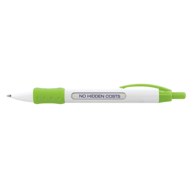 A white and green pen with a logo, featuring a retractable design and a grip section.