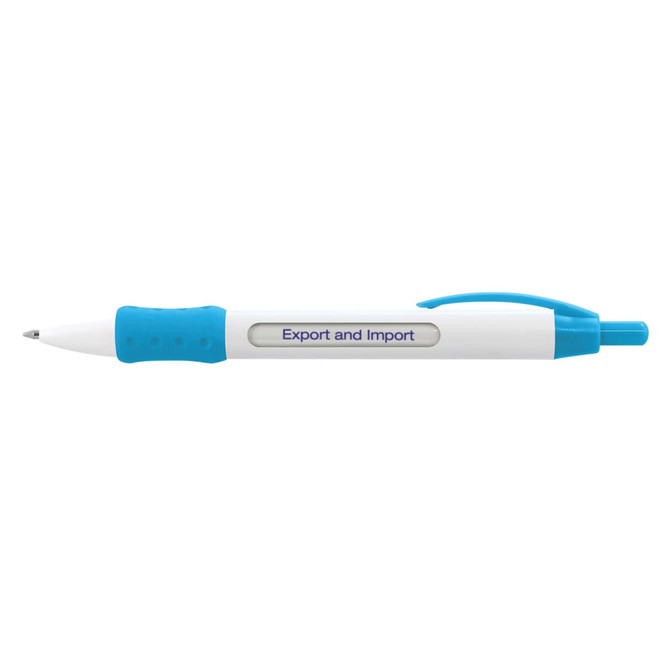 A plastic pen featuring a blue grip and click mechanism, with the text "Export and Import" printed on the barrel.