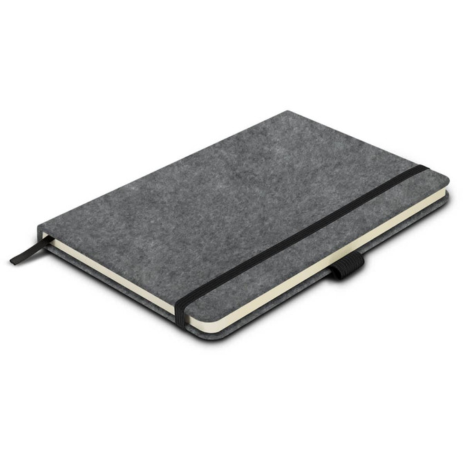 A grey RPET felt hard cover notebook with an elastic band closure and a ribbon bookmark. It has a logo on the cover.