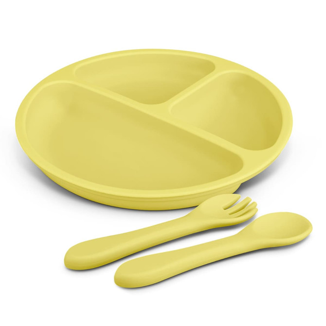 A yellow kids' plate with three sections, accompanied by a fork and spoon set in matching colour.