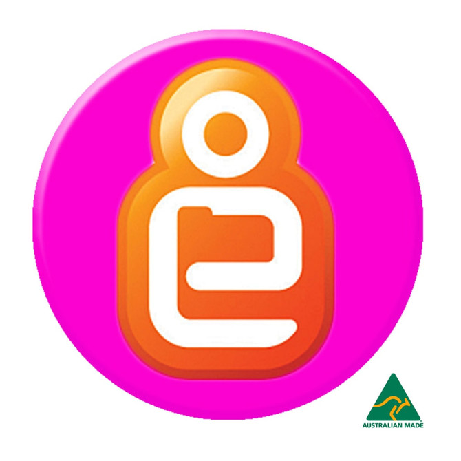 A round 32mm button badge with a vibrant pink background and a colourful logo design. It features a logo in white and orange.