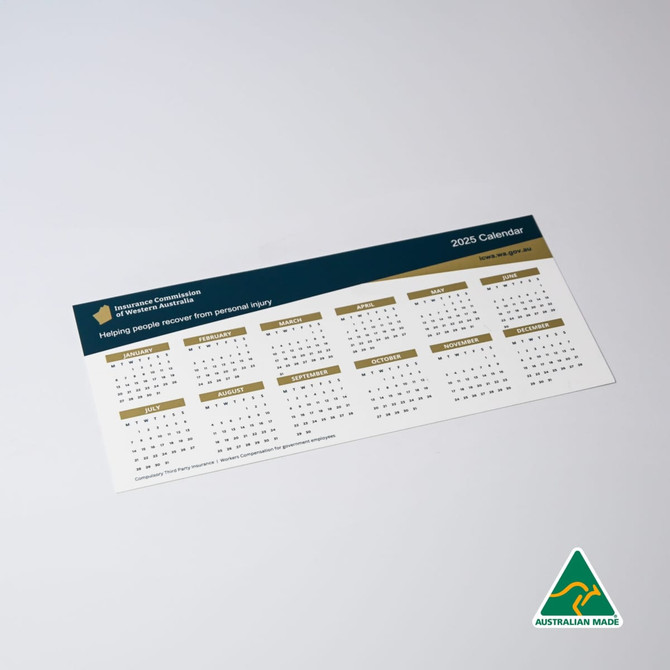A white magnetic calendar featuring a clean layout with multiple months displayed and a logo in the corner.