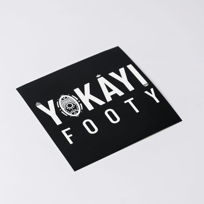 A square gloss paper sticker featuring a black background with white text and a logo.