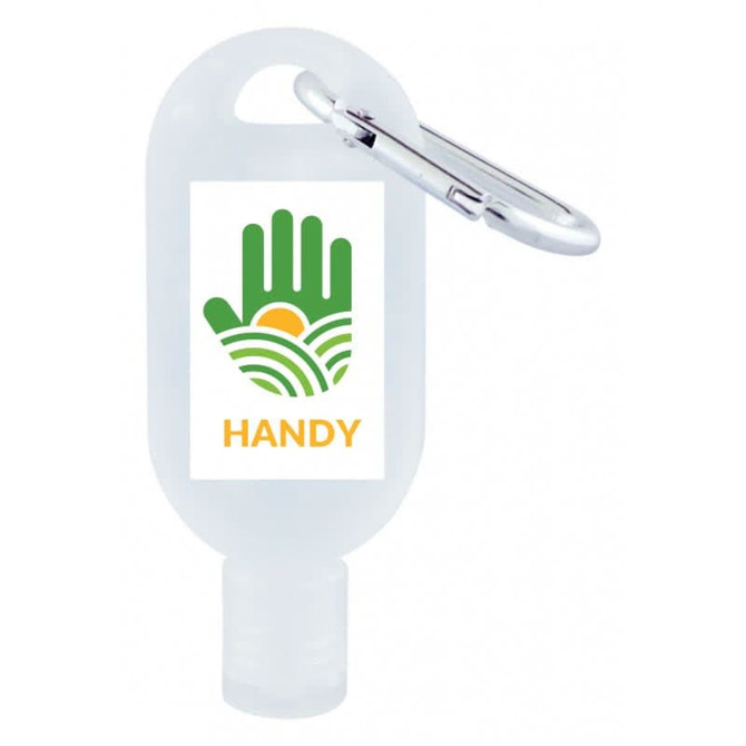 A clear 30mL hand sanitiser bottle with a carabiner attachment and a logo printed on the front.