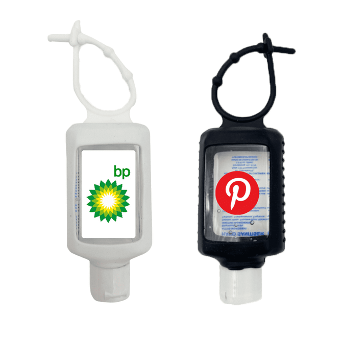A 60ml hand sanitiser gel in a white and black silicone soft travel sleeve, featuring logos on both sides.