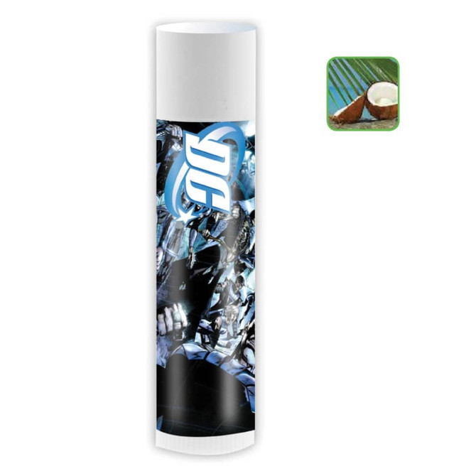A lip balm tube featuring a sleek design with a predominantly blue and silver colour scheme. It has a logo.