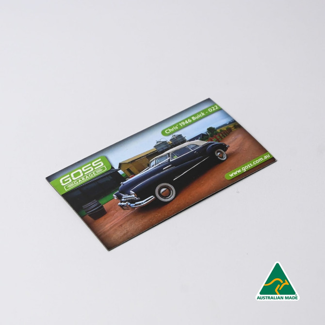 A rectangular fridge magnet featuring a classic black car with a green logo and an Australian Made badge.