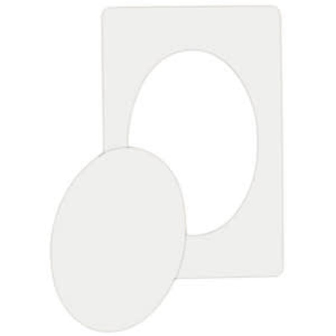 A budget magnetic photo frame in white, featuring an oval cutout and a rectangular shape. It includes a logo.
