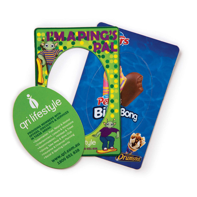 A vibrant magnetic photo frame featuring playful designs, primarily in green and blue, with a logo present.