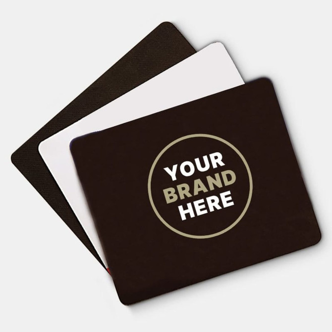 A set of three mouse mats in black, white, and dark brown, featuring circular branding spaces.