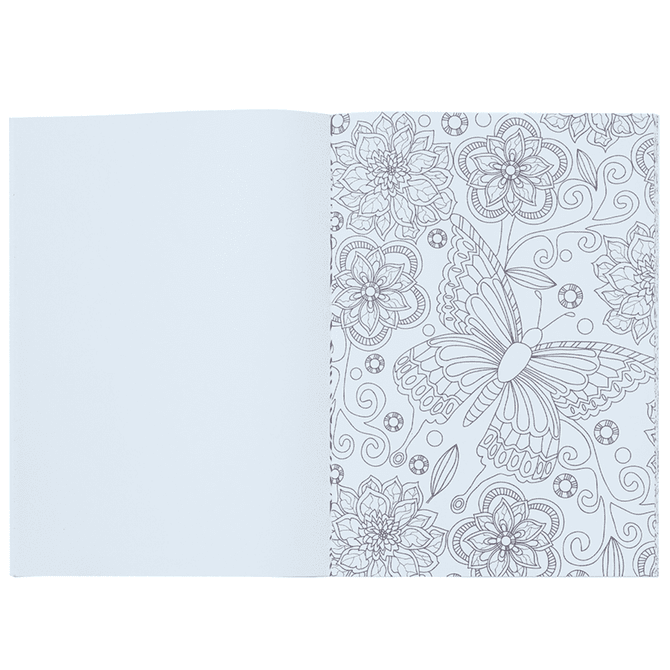 A4 colouring book featuring intricate floral and butterfly designs in black and white on its pages.