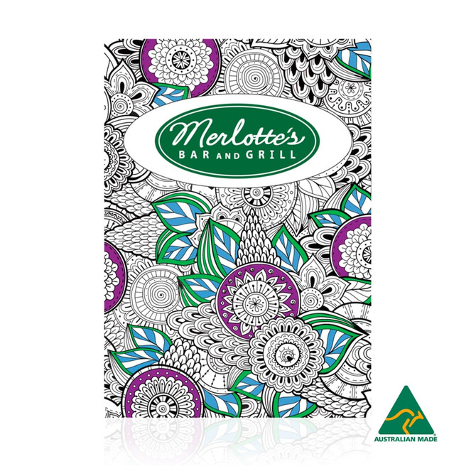 A5 colouring book featuring intricate floral designs in purple and green, with a logo and Australian Made label.