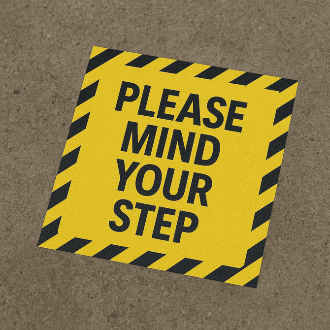 A yellow floor decal sticker with black striped edges and text instructing to "MIND YOUR STEP."