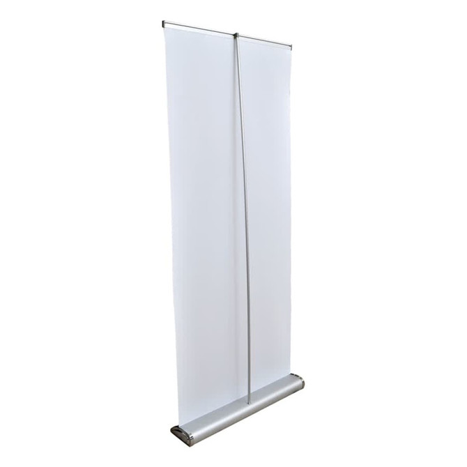 A white 850mm roll-up banner with a silver base and support pole, featuring a simple design.
