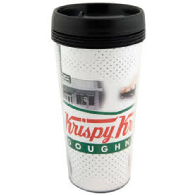 A travel mug featuring a black lid and a white body with images and branding from Krispy Kreme.