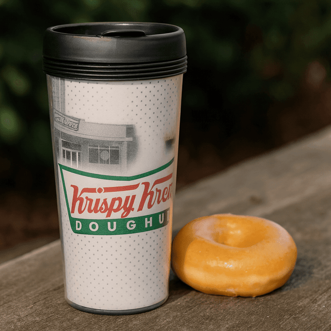 A travel mug featuring a black lid and a design with a logo, alongside a glazed doughnut on a wooden surface.