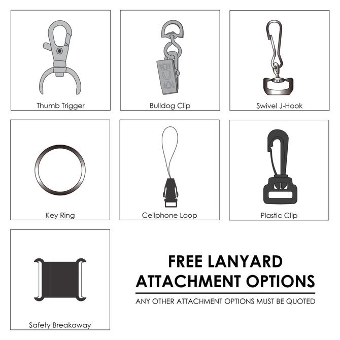 A collection of lanyard attachment options including clips, loops, and rings, shown in various styles.