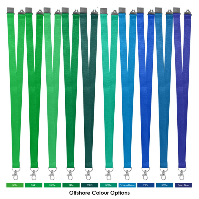 Polyester lanyards in various shades of green and blue, featuring clip attachments and a logo.
