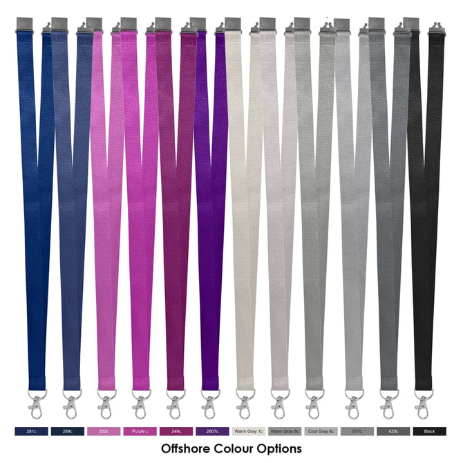 Various polyester lanyards in shades of blue, purple, grey, and black, featuring clips and a range of lengths.