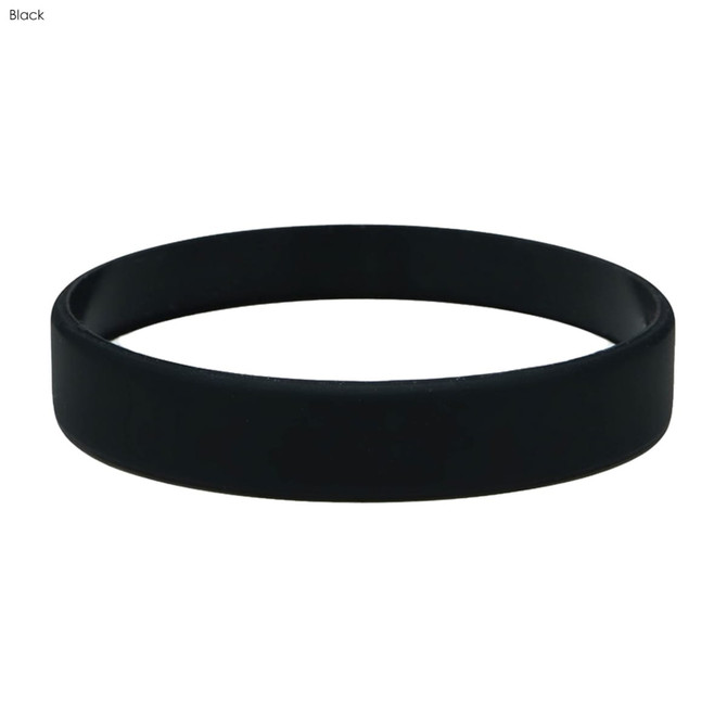 A black silicone wristband with a smooth, embossed surface. It features a logo.