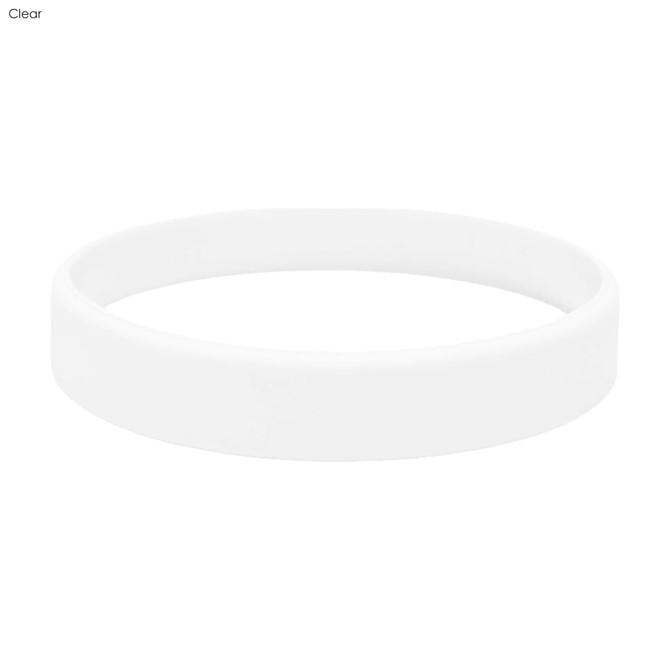 A white silicone wristband with an embossed design, featuring a logo. Suitable for exhibitions and events.