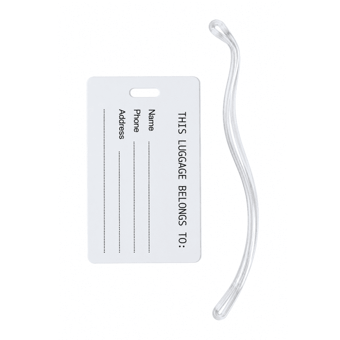 A large, white luggage tag with space for personal details, accompanied by a clear strap for attachment.