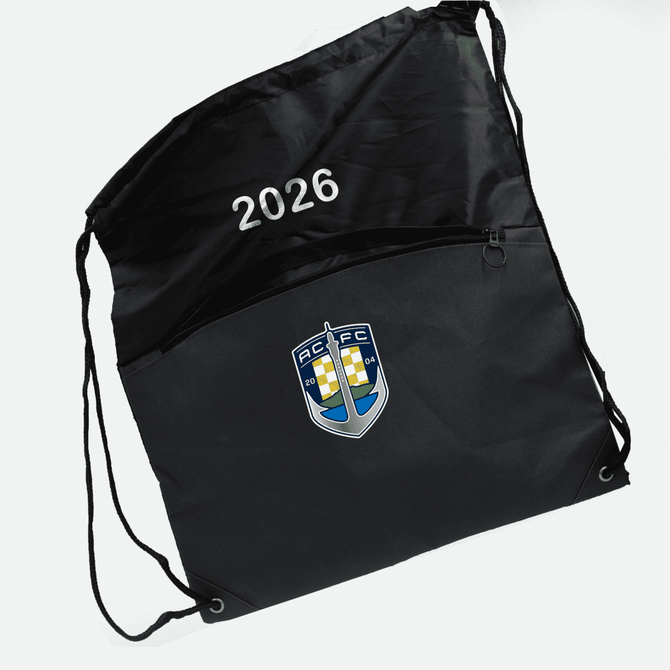 A black drawstring bag with a zippered pocket and a logo on the front.