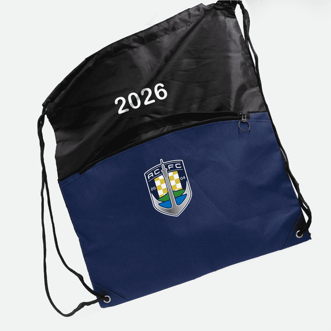A black and navy drawstring bag featuring a logo and zippered pocket, designed for practicality and style.