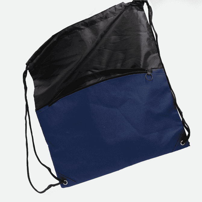 A drawstring bag in black and navy blue, featuring a zippered front pocket and two drawstrings.