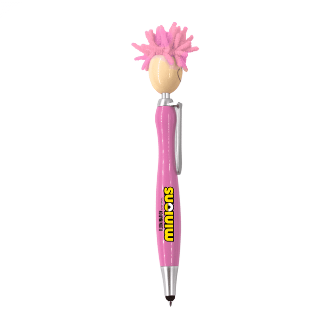 A pink pen with a mop head topper, featuring a smiling face and a clip. It includes a stylus at the opposite end.