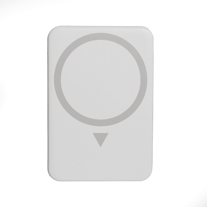 A white wireless charging power bank featuring a circular design and a directional indicator. It has a logo on the surface.