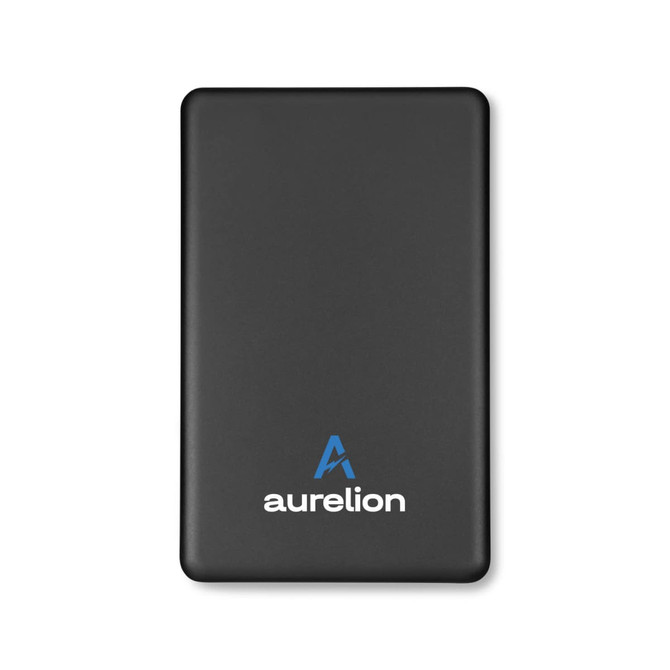 A solid state power bank in black with a blue logo on the front.