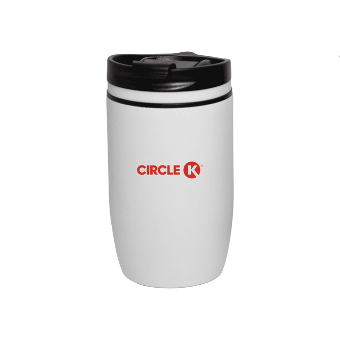 A drink bottle in white with a black lid and a logo on the front.