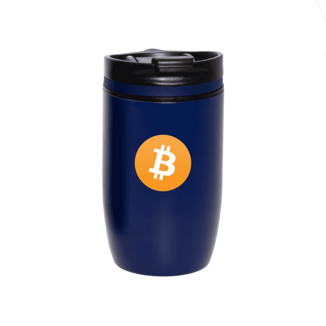 A drink bottle in navy blue with a black lid and a logo featuring a Bitcoin symbol.