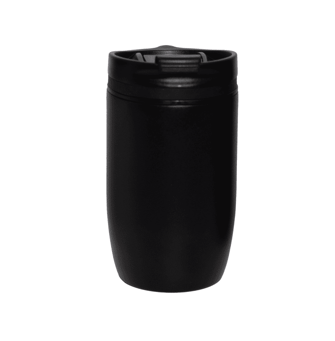 A drink bottle featuring a sleek black design with a secure lid, suitable for travel. It has a branded logo.