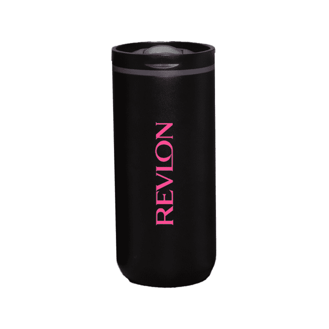A drink bottle featuring a sleek black design with a pink logo. It has a vacuum-insulated structure.