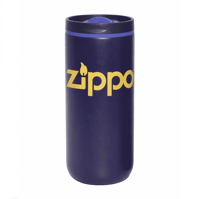 A drink bottle featuring a dark purple finish, with a logo on the side and a secured lid.