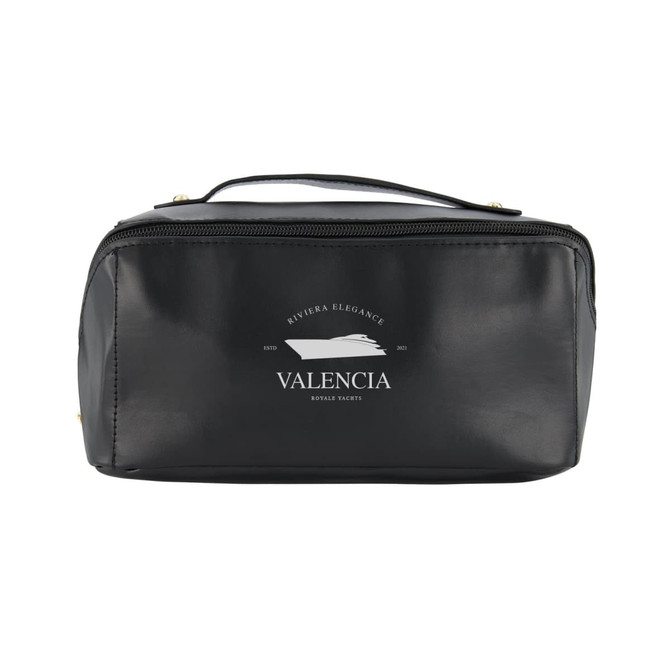 A black travel toiletry bag with a zip closure and a handle, featuring a logo on the front.