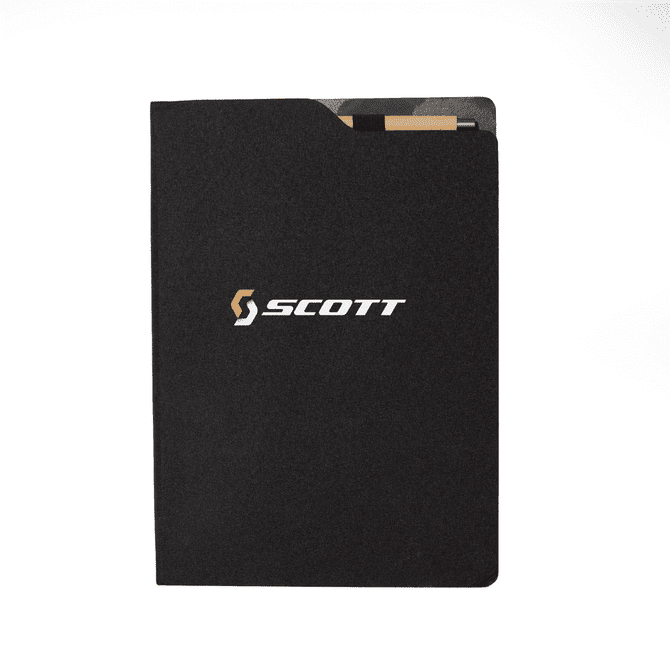 A black A4 notebook with a logo, featuring a sleek cover and a side pocket for cards.