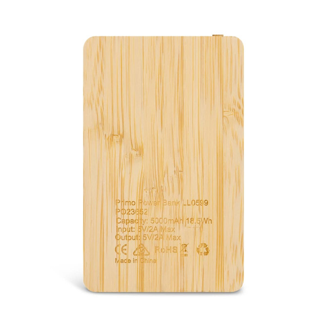 A bamboo-textured power bank with a logo, featuring a slim rectangular design in natural colour.